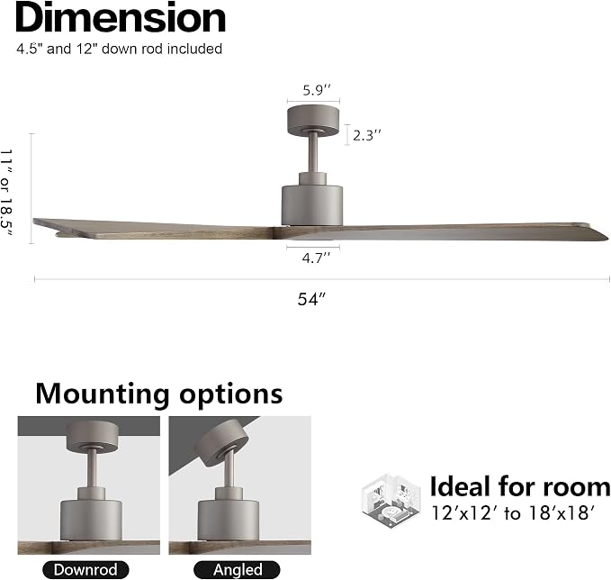 54 Inch DC Ceiling Fan without Lights, 5 Reversible Carved Solid Wood Blades, 6-Speed Noiseless DC Motor, Ceiling Fan No