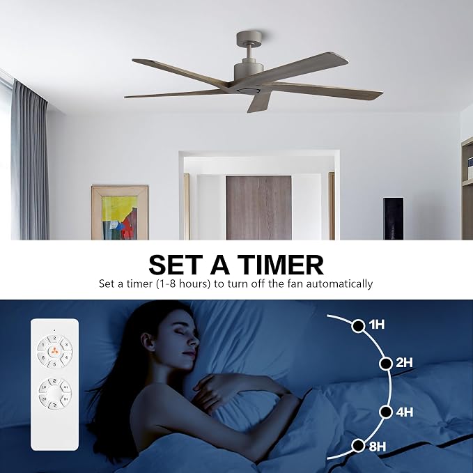 54 Inch DC Ceiling Fan without Lights, 5 Reversible Carved Solid Wood Blades, 6-Speed Noiseless DC Motor, Ceiling Fan No