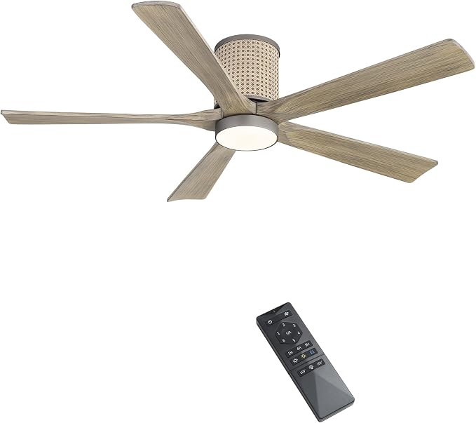 54 inch Flush Mount Ceiling Fan, Modern Ceiling Fan with Lights,3CCT&Dimmable LED,5 Wood Blades, Quiet 6-Speed DC Motor Low
