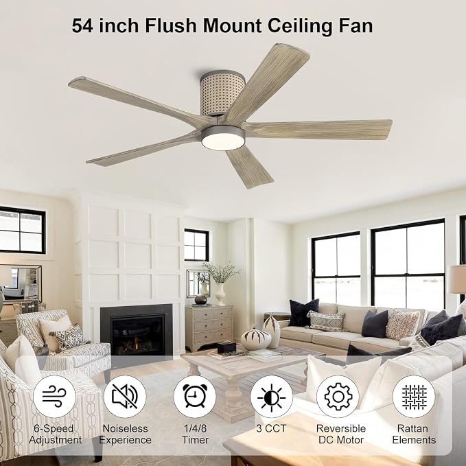 54 inch Flush Mount Ceiling Fan, Modern Ceiling Fan with Lights,3CCT&Dimmable LED,5 Wood Blades, Quiet 6-Speed DC Motor Low