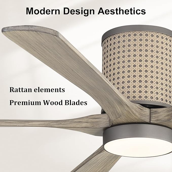 54 inch Flush Mount Ceiling Fan, Modern Ceiling Fan with Lights,3CCT&Dimmable LED,5 Wood Blades, Quiet 6-Speed DC Motor Low