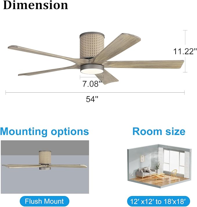 54 inch Flush Mount Ceiling Fan, Modern Ceiling Fan with Lights,3CCT&Dimmable LED,5 Wood Blades, Quiet 6-Speed DC Motor Low