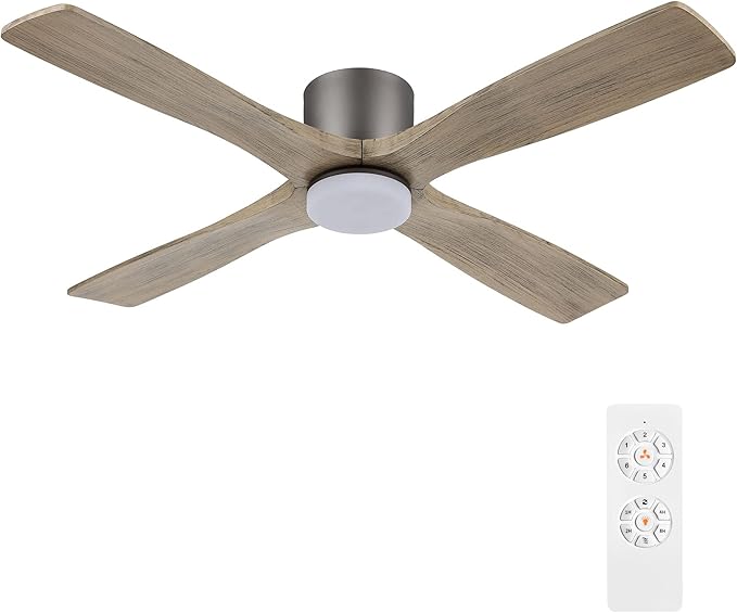 54 Inch Flush Mount DC Ceiling Fan with Lights and Remote, 4 Reversible Carved Wood Blades, 6-Speed Noiseless DC Motor