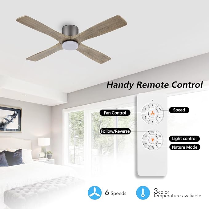 54 Inch Flush Mount DC Ceiling Fan with Lights and Remote, 4 Reversible Carved Wood Blades, 6-Speed Noiseless DC Motor