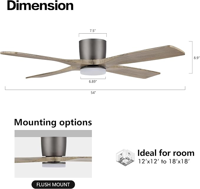 54 Inch Flush Mount DC Ceiling Fan with Lights and Remote, 4 Reversible Carved Wood Blades, 6-Speed Noiseless DC Motor