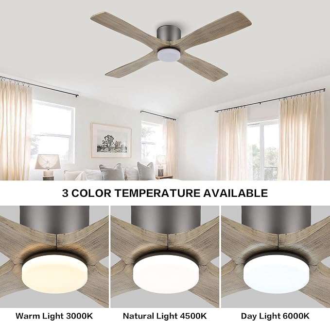 54 Inch Flush Mount DC Ceiling Fan with Lights and Remote, 4 Reversible Carved Wood Blades, 6-Speed Noiseless DC Motor