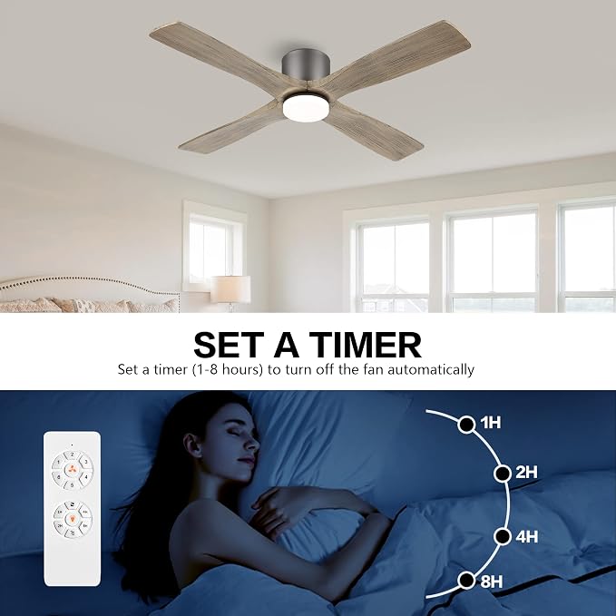 54 Inch Flush Mount DC Ceiling Fan with Lights and Remote, 4 Reversible Carved Wood Blades, 6-Speed Noiseless DC Motor