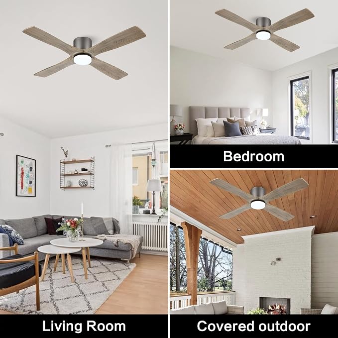 54 Inch Flush Mount DC Ceiling Fan with Lights and Remote, 4 Reversible Carved Wood Blades, 6-Speed Noiseless DC Motor