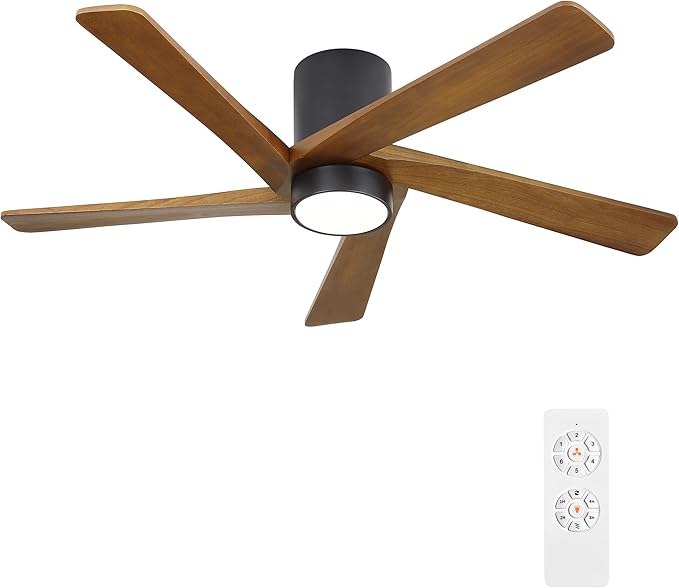 54 Inch Flush Mount DC Ceiling Fan with Lights and Remote, 5 Reversible Carved Wood Blades, 6-Speed Noiseless DC Motor