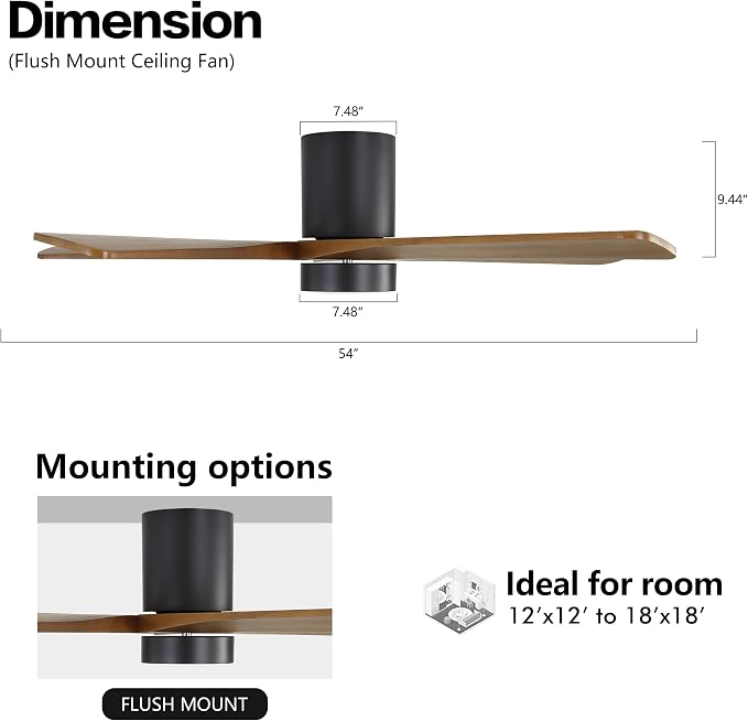 54 Inch Flush Mount DC Ceiling Fan with Lights and Remote, 5 Reversible Carved Wood Blades, 6-Speed Noiseless DC Motor