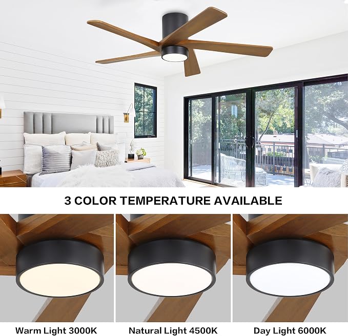 54 Inch Flush Mount DC Ceiling Fan with Lights and Remote, 5 Reversible Carved Wood Blades, 6-Speed Noiseless DC Motor
