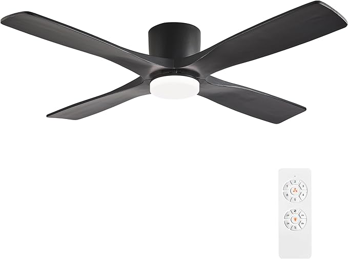 54 Inch Flush Mount DC Ceiling Fan with Lights and Remote, 4 Reversible Carved Wood Blades, 6-Speed Noiseless DC