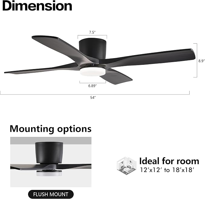 54 Inch Flush Mount DC Ceiling Fan with Lights and Remote, 4 Reversible Carved Wood Blades, 6-Speed Noiseless DC, alternate