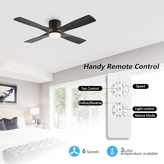 54 Inch Flush Mount DC Ceiling Fan with Lights and Remote, 4 Reversible Carved Wood Blades, 6-Speed Noiseless DC, alternate