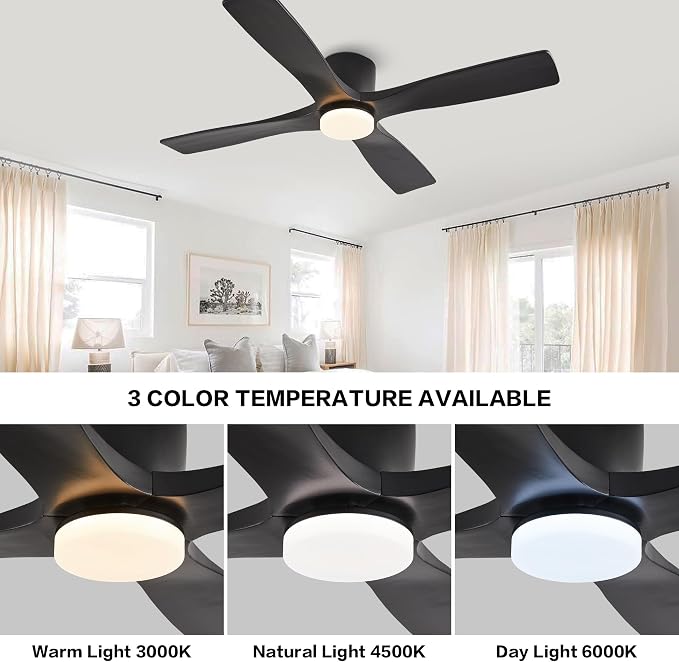 54 Inch Flush Mount DC Ceiling Fan with Lights and Remote, 4 Reversible Carved Wood Blades, 6-Speed Noiseless DC, alternate
