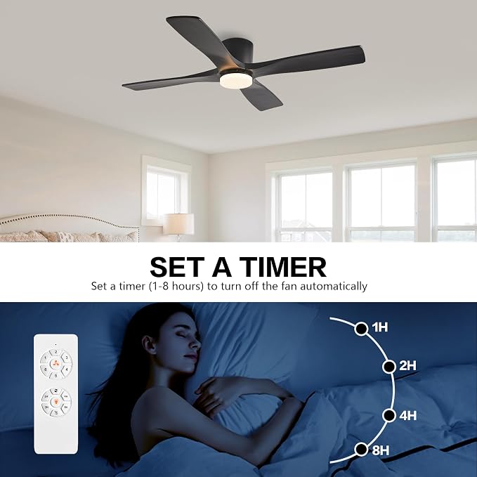 54 Inch Flush Mount DC Ceiling Fan with Lights and Remote, 4 Reversible Carved Wood Blades, 6-Speed Noiseless DC, alternate