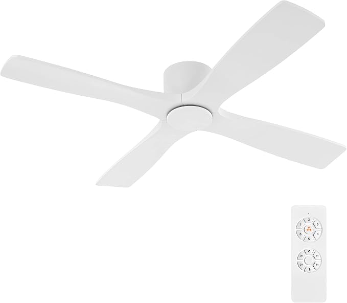 54 Inch Flush Mount DC Ceiling Fan without Lights, 4 Reversible Carved Wood Blades, 6-Speed Noiseless DC Motor, Huger Ceiling