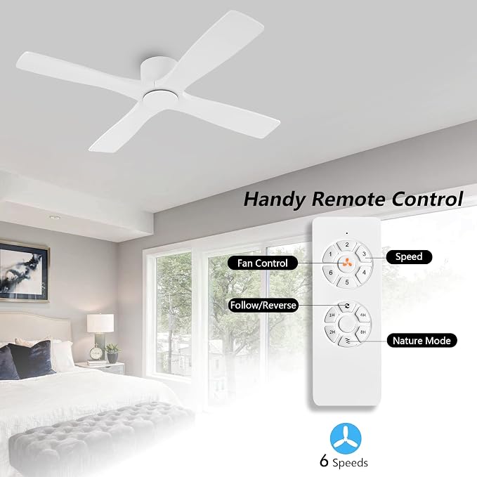 54 Inch Flush Mount DC Ceiling Fan without Lights, 4 Reversible Carved Wood Blades, 6-Speed Noiseless DC Motor, Huger Ceiling