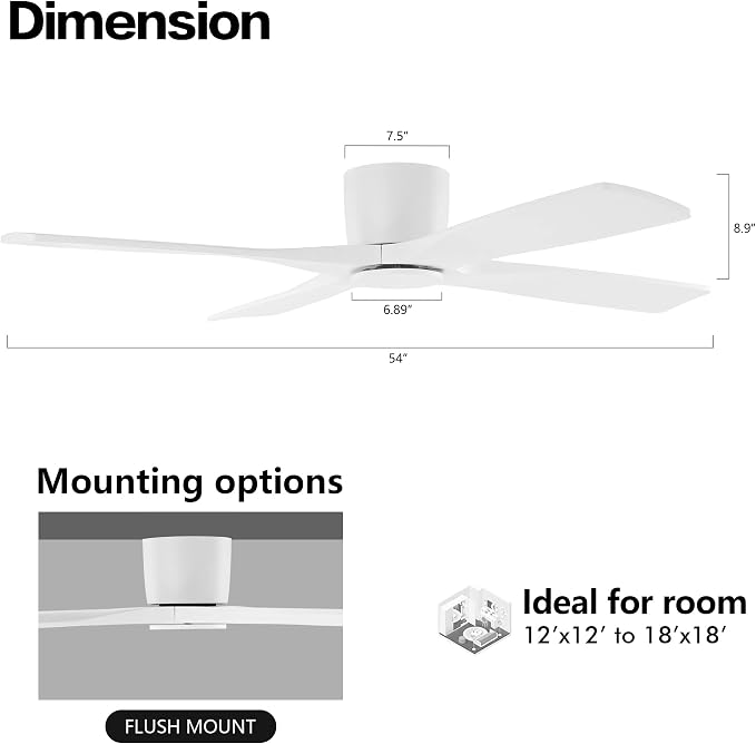 54 Inch Flush Mount DC Ceiling Fan without Lights, 4 Reversible Carved Wood Blades, 6-Speed Noiseless DC Motor, Huger Ceiling