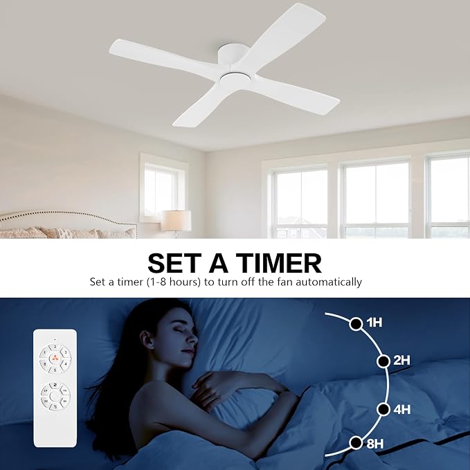 54 Inch Flush Mount DC Ceiling Fan without Lights, 4 Reversible Carved Wood Blades, 6-Speed Noiseless DC Motor, Huger Ceiling