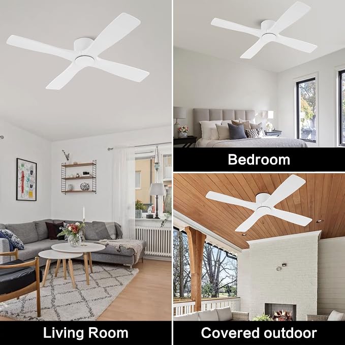 54 Inch Flush Mount DC Ceiling Fan without Lights, 4 Reversible Carved Wood Blades, 6-Speed Noiseless DC Motor, Huger Ceiling