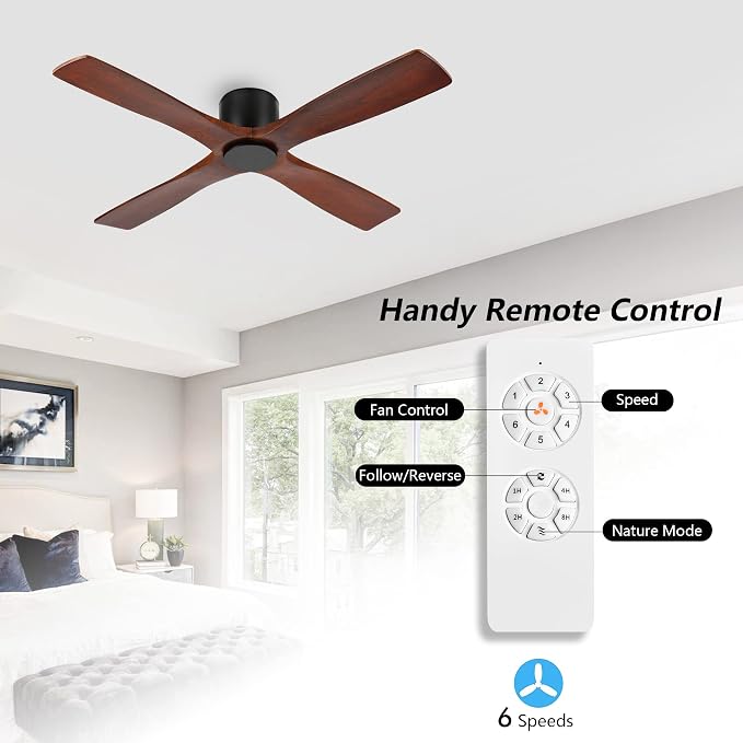 54 Inch Flush Mount DC Ceiling Fan without Lights, 4 Reversible Carved Wood Blades, 6-Speed Noiseless DC Motor, alternate