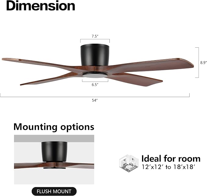 54 Inch Flush Mount DC Ceiling Fan without Lights, 4 Reversible Carved Wood Blades, 6-Speed Noiseless DC Motor, alternate