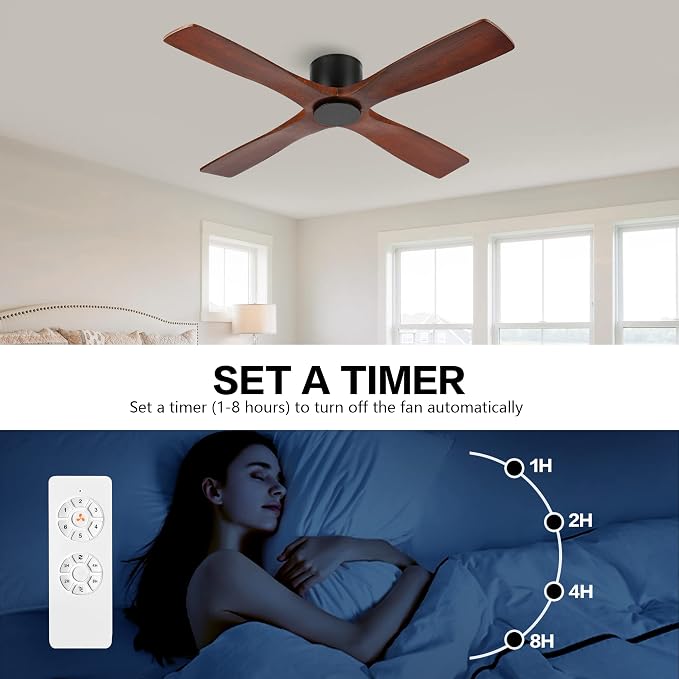54 Inch Flush Mount DC Ceiling Fan without Lights, 4 Reversible Carved Wood Blades, 6-Speed Noiseless DC Motor, alternate