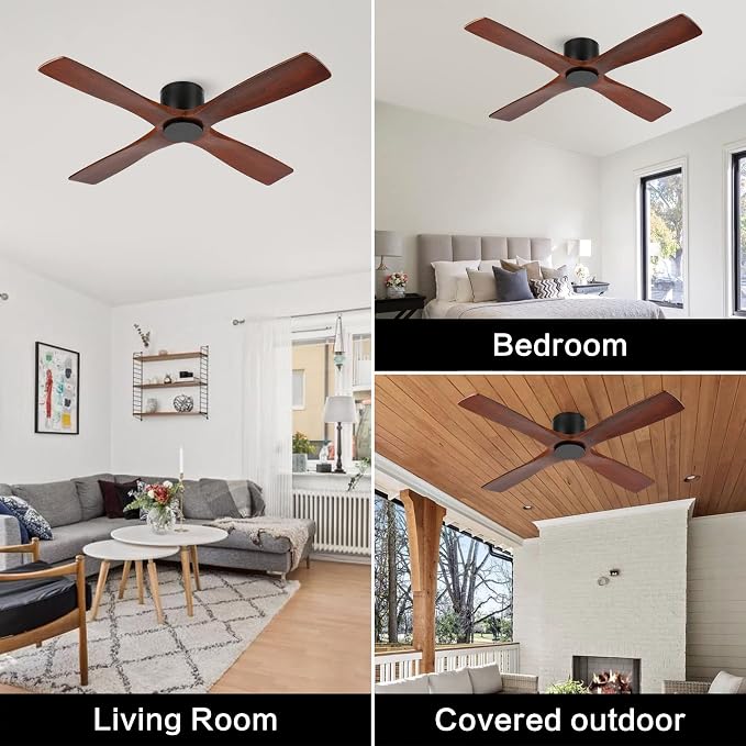 54 Inch Flush Mount DC Ceiling Fan without Lights, 4 Reversible Carved Wood Blades, 6-Speed Noiseless DC Motor, alternate