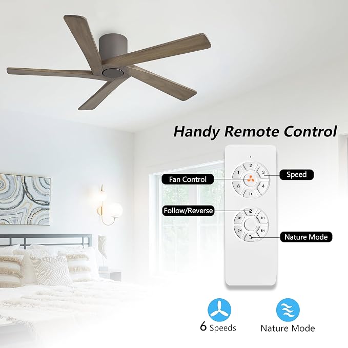 54 Inch Flush Mount DC Ceiling Fan without Lights, 5 Reversible Carved Wood Blades, 6-Speed Noiseless DC Motor, alternate