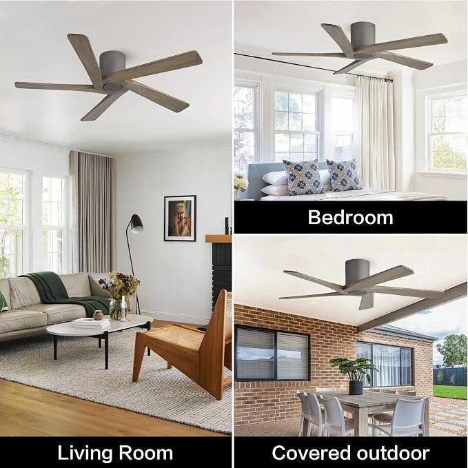 54 Inch Flush Mount DC Ceiling Fan without Lights, 5 Reversible Carved Wood Blades, 6-Speed Noiseless DC Motor, alternate