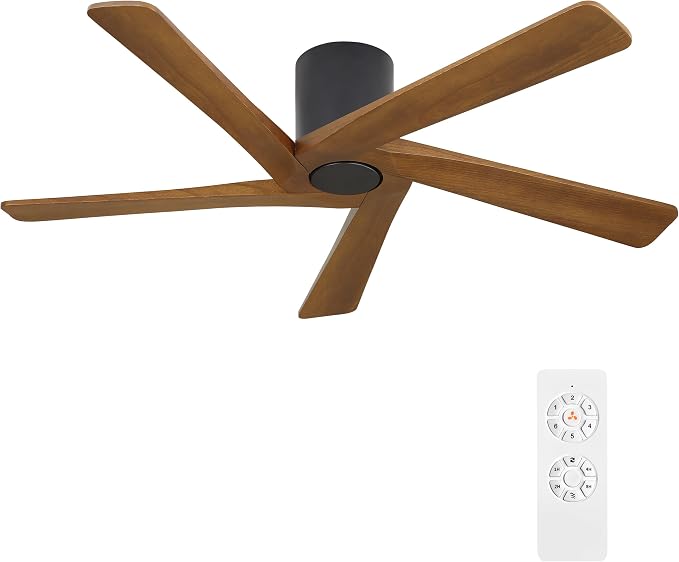 54 Inch Flush Mount DC Ceiling Fan without Lights, 5 Reversible Carved Wood Blades, 6-Speed Noiseless DC Motor