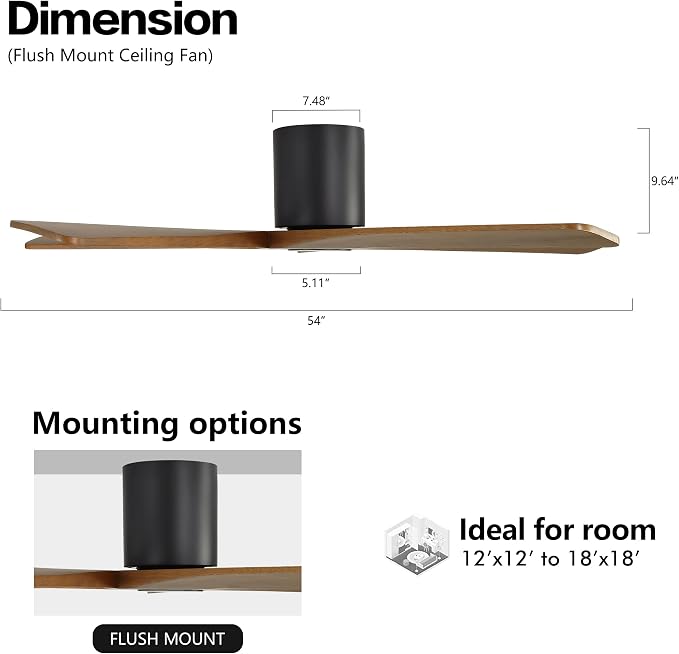 54 Inch Flush Mount DC Ceiling Fan without Lights, 5 Reversible Carved Wood Blades, 6-Speed Noiseless DC Motor, alternate