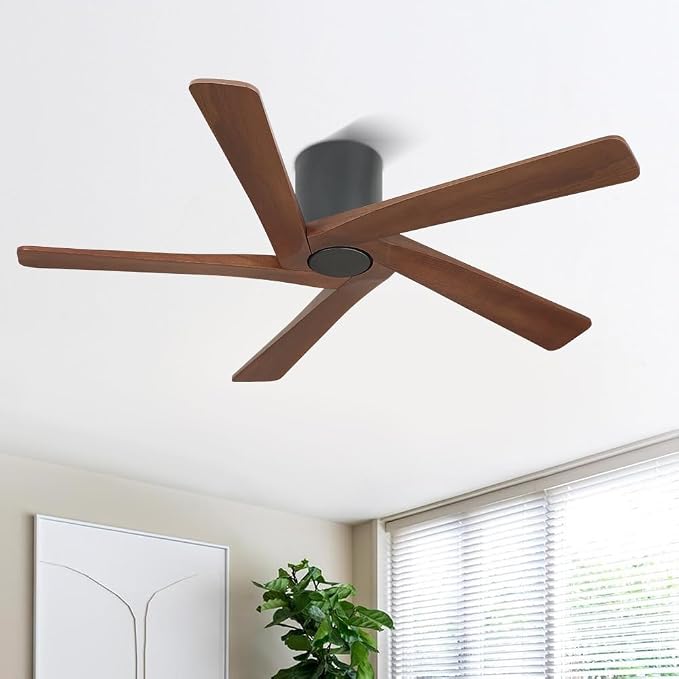 54 Inch Flush Mount DC Ceiling Fan without Lights, 5 Reversible Carved Wood Blades, 6-Speed Noiseless DC Motor, alternate