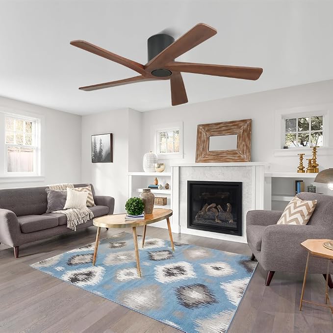 54 Inch Flush Mount DC Ceiling Fan without Lights, 5 Reversible Carved Wood Blades, 6-Speed Noiseless DC Motor, alternate