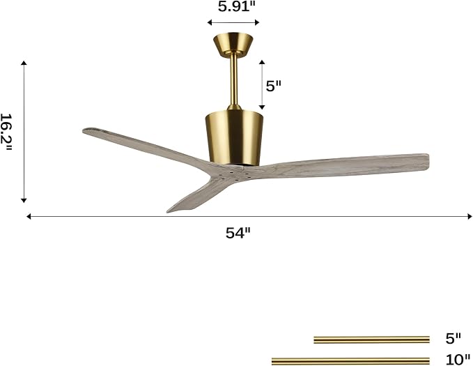 54” Modern Ceiling Fan with Downrod, Gold Plated Finish, Solid Wood Blades, Quiet 6-Speed DC Motor, Reversible Airflow
