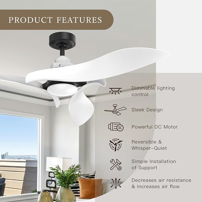 54” Modern Ceiling Fan with Light and Remote Control, Ultra Quiet DC Motor, 6-Speed Reversible Fan with Timer, Dimmable LED