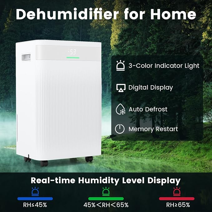 54 Pints Dehumidifier for Basement, 4500 Sq.Ft Dehumidifier with 3 Modes, LED Display, 3-Color Indicator Light, 24H Timer