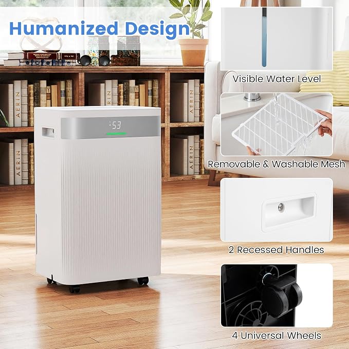 54 Pints Dehumidifier for Basement, 4500 Sq.Ft Dehumidifier with 3 Modes, LED Display, 3-Color Indicator Light, 24H Timer