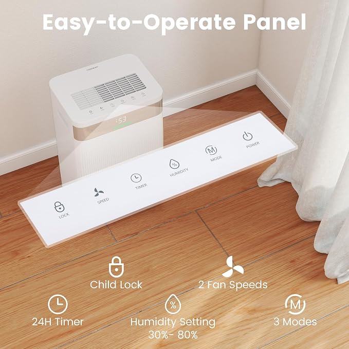 54 Pints Dehumidifier for Basement, 4500 Sq.Ft Dehumidifier with 3 Modes, LED Display, 3-Color Indicator Light, 24H Timer