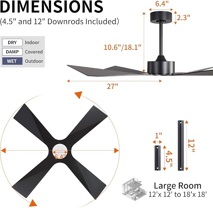 54" Wet Rated Outdoor Ceiling Fan with Lights, 4 ABS Plastic Blades, Reversible DC Motor, 6-Speed Remote Control, 3 CCT