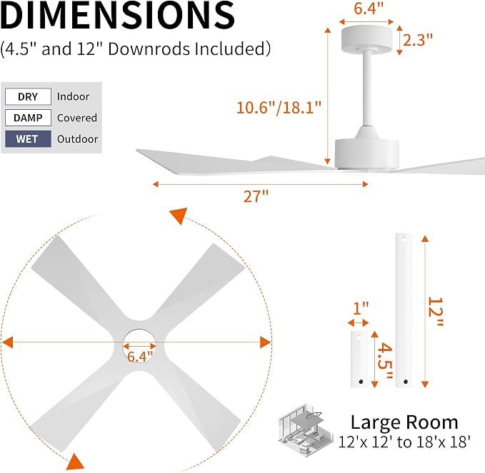 54" Wet Rated Outdoor Ceiling Fan with Lights, 4 ABS Plastic Blades, Reversible DC Motor, 6-Speed Remote Control, 3 CCT