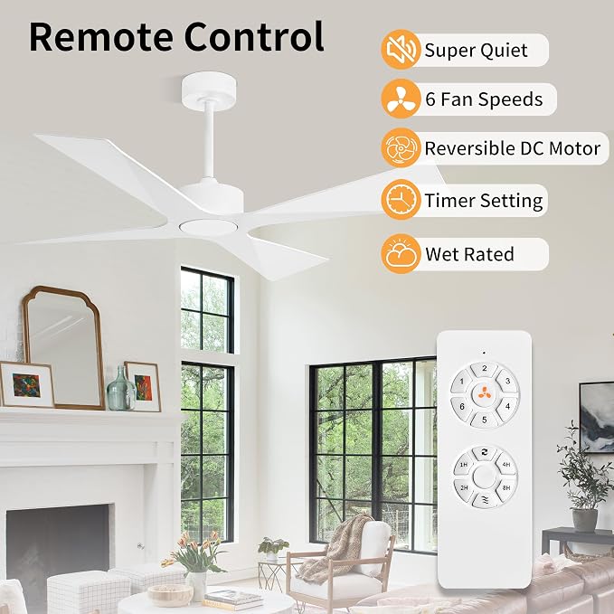 54" Wet Rated Outdoor Ceiling Fan without Lights, 4 ABS Plastic Blades, Reversible DC Motor, 6-Speed Remote Control