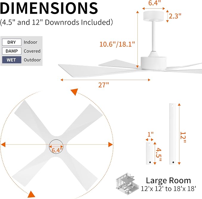 54" Wet Rated Outdoor Ceiling Fan without Lights, 4 ABS Plastic Blades, Reversible DC Motor, 6-Speed Remote Control