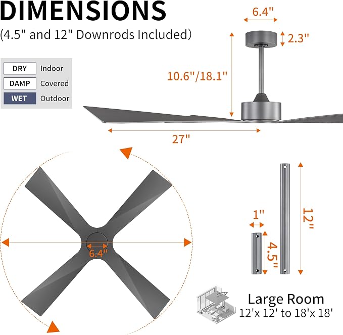 54" Wet Rated Outdoor Ceiling Fan without Lights, 4 ABS Plastic Blades, 6-Speed Reversible Quiet DC Motor, Waterproof Ceiling
