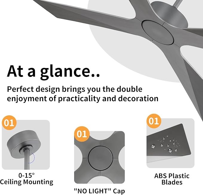 54" Wet Rated Outdoor Ceiling Fan without Lights, 4 ABS Plastic Blades, 6-Speed Reversible Quiet DC Motor, Waterproof Ceiling