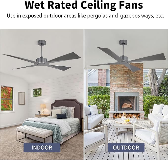 54" Wet Rated Outdoor Ceiling Fan without Lights, 4 ABS Plastic Blades, 6-Speed Reversible Quiet DC Motor, Waterproof Ceiling