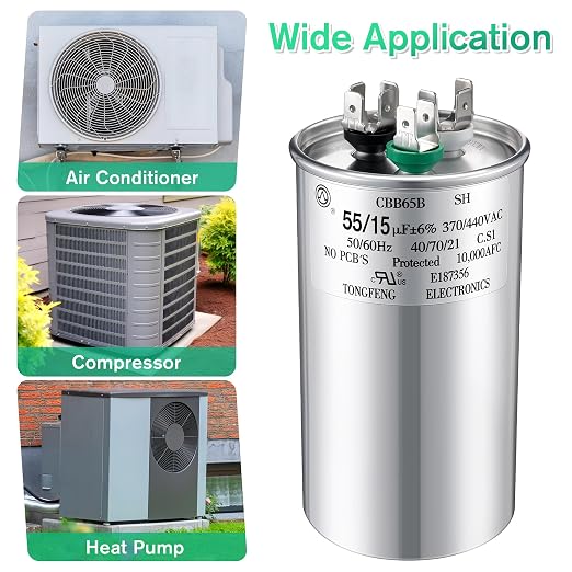 55+15 uF±6% 370/440V CBB65 Dual Run Round Capacitor for AC Motor, HVAC Capacitor, Air Conditioner Replacement, alternate view