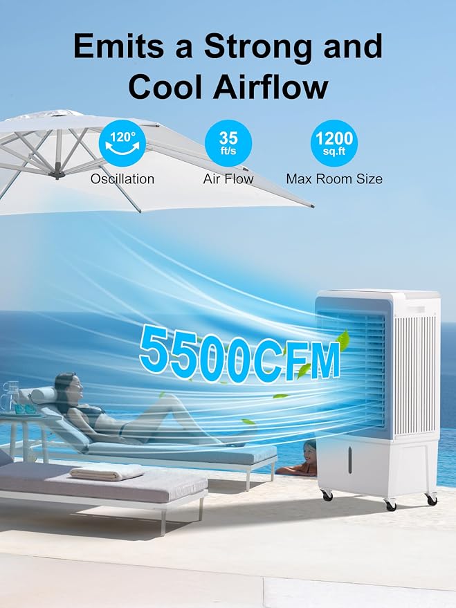 5500 CFM Swamp Cooler Air Conditioner, Outdoor Evaporative Air Cooler with 12.5 Gal Water Tank, Remote, 120° Oscillation, 12H