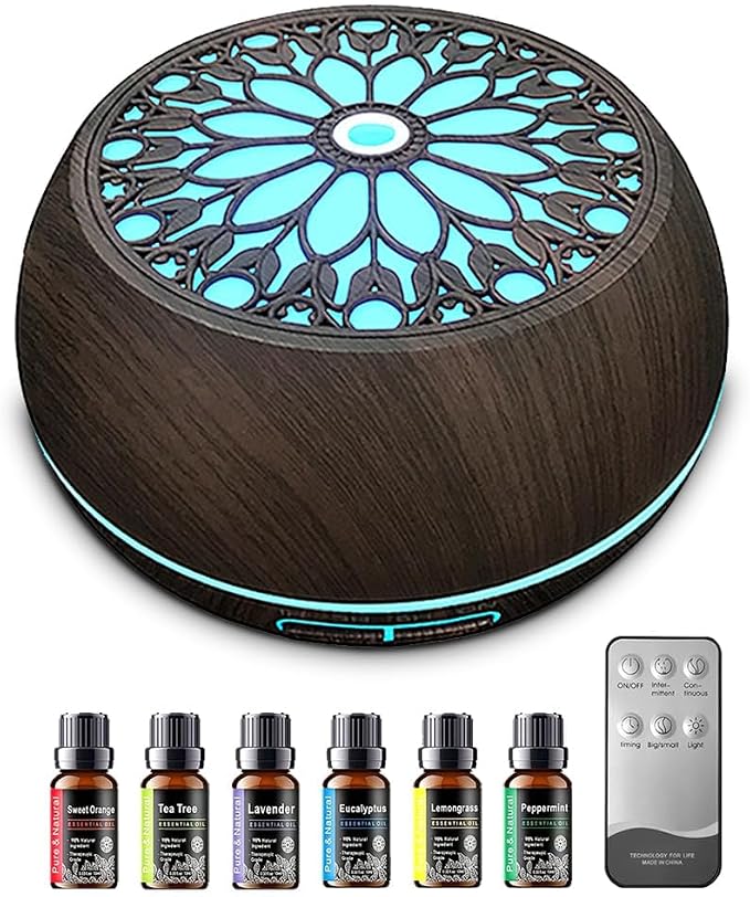 550ml Large Capacity Essential Oil Diffuser with 6 Aromatherapy Oils Set,Ultrasonic Air Humidifier with Timer and 7 Color LED